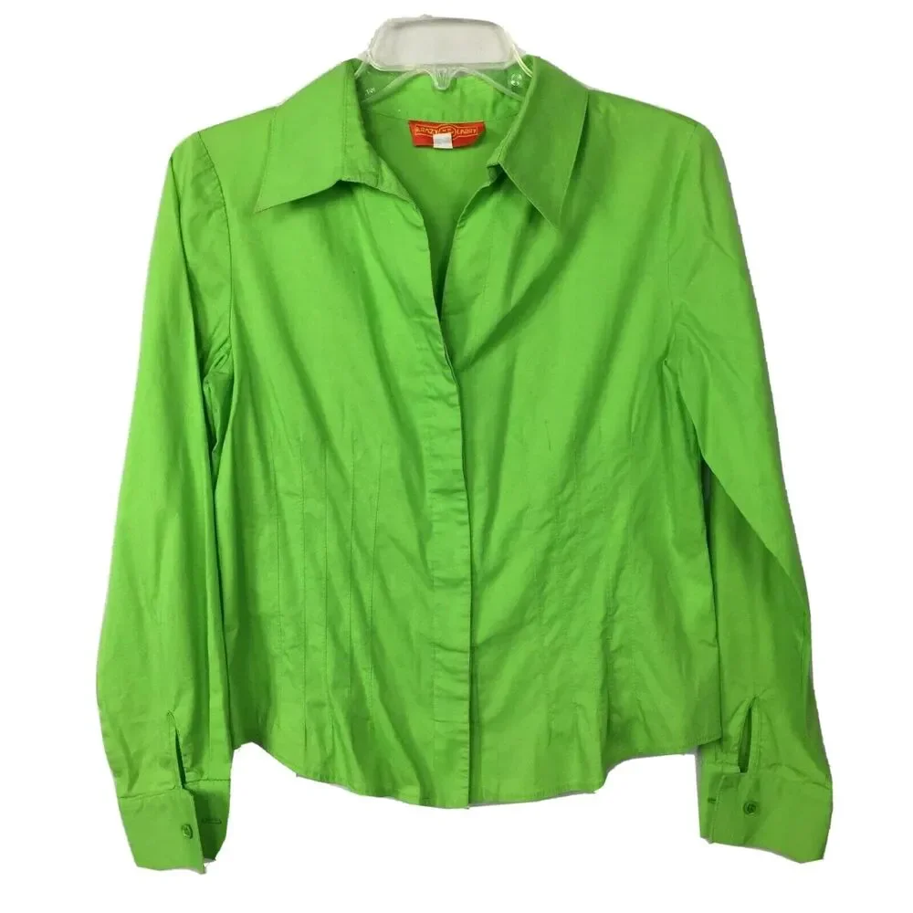 Krazy Larry Shirt Womens Sz S Lime Green‎ Cotton Stretch Button Up Golf Blouse